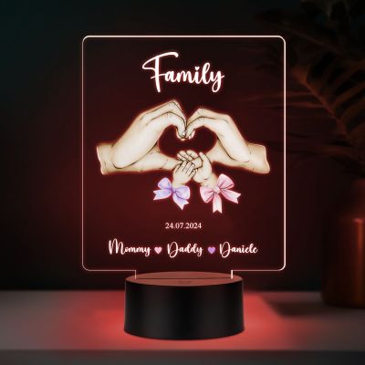 Personalized Family LED Night Light, Heart Hands Design, Customizable with Names and Date, Gift for Mom Dad Automatic Color Changing Light